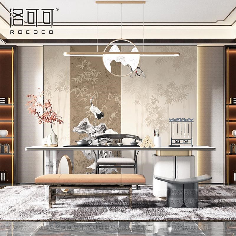 简约新中式拼色壁纸o竹林壁画新款仙鹤墙布背景墙茶室间壁布