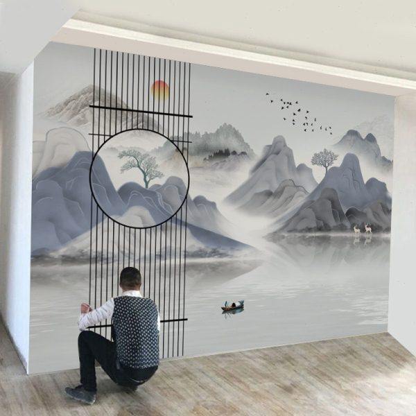 现代新中式壁画江南山水墙纸背景墙布麋鹿抽象客厅卧室书房3d壁纸