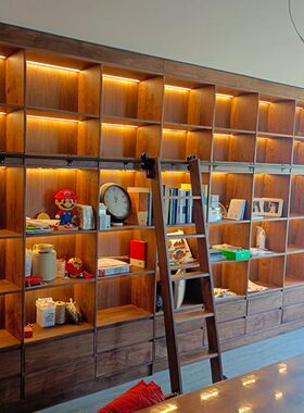 整带灯卡座满楼梯墙黑胡桃墙定制格子柜中式北美书柜书架到顶一体