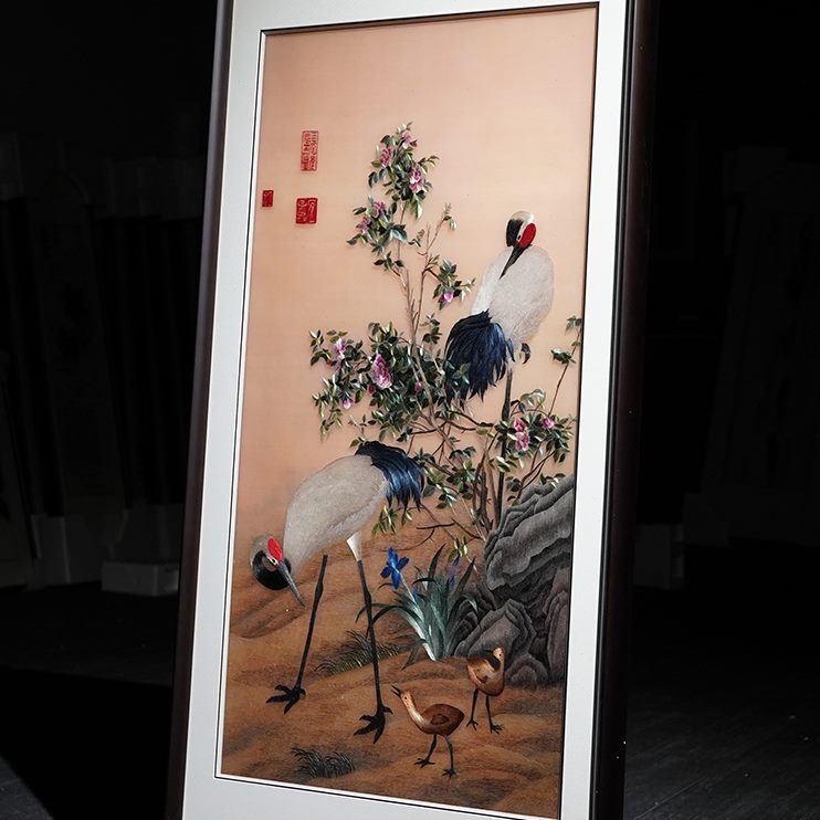 一绣一线新中式鹤携湘图双针纯手工入户玄关装饰画子刺绣成品挂画