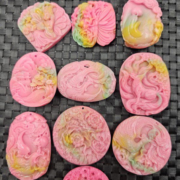 悟道挂件玉石花开富贵粉色盐源玛瑙九尾狐仿仿山水仿舒俱来吊坠