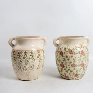 复做古旧中国风裂烧花罐双耳花瓶鲜花器A879花插陶釉中式陶古冰典