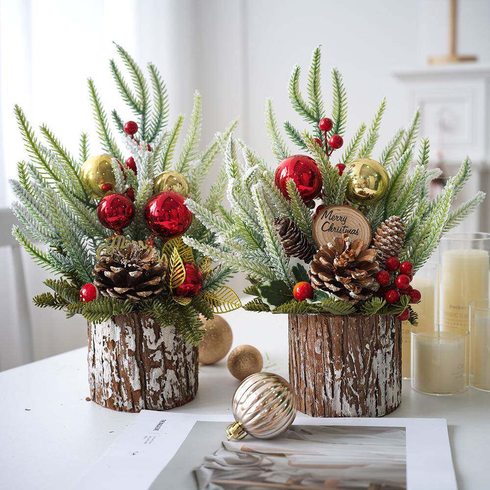 圣诞节桌插花摆件圣诞装饰品959原木桶圣小诞树面摆件节日礼物