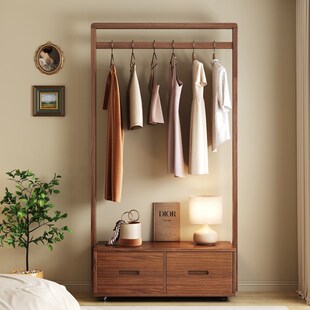 胡桃木全实木挂衣架家用卧室衣帽架落地带抽屉入户可W移动高端衣