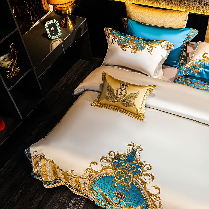 欧式奢华床上用品婚庆四件套大气金色结婚六八十件套新婚床单被套