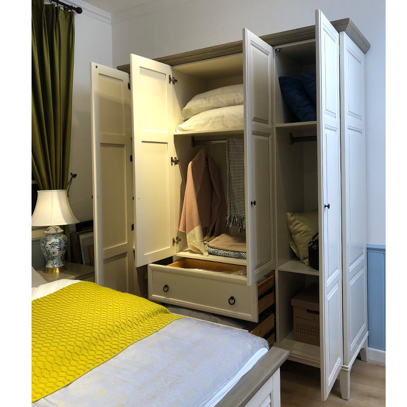 美式乡村纯实木衣柜4门拉门滑移门衣厨简约白色田园四门大衣柜