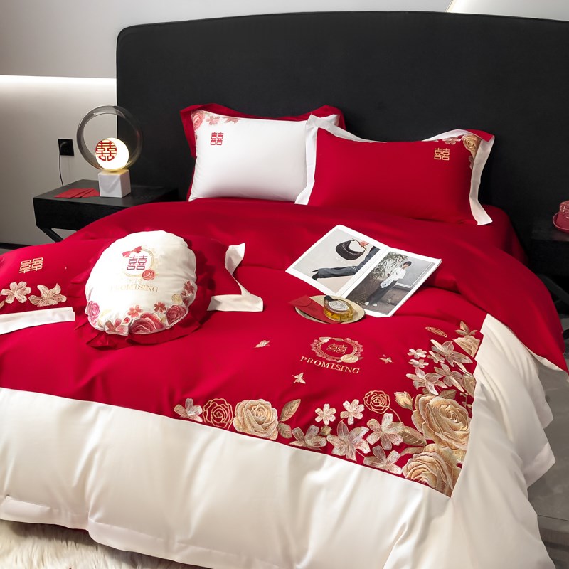 高档140支婚庆四件套刺绣全棉纯棉被套床单喜被法式结婚床上用品4