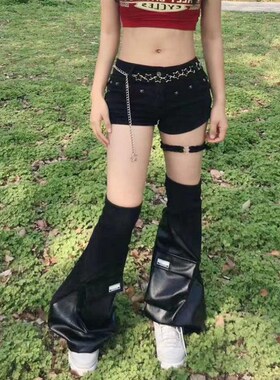 暗黑色螺纹拼接过膝皮质腿套y2k胖mm粗腿皮袜套加长大码jk堆堆袜