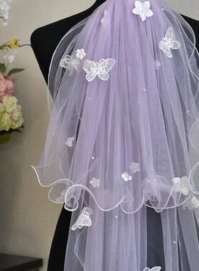 曼真头纱紫色双层短款头纱超仙可爱蝴蝶网红拍照道具儿童可用M173