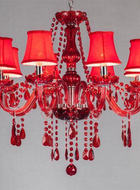 红色6头带灯罩吊灯红色玻灯蜡烛8124-6BL灯适合婚庆主体8餐璃吊厅