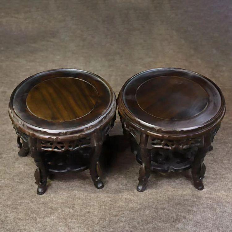 做旧收20240328藏木质工艺摆梨木镂空雕件刻品圆底座一对花家居摆