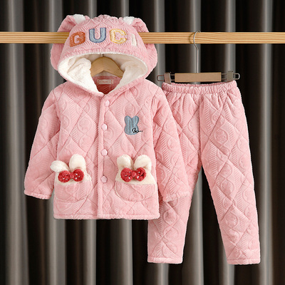 女童连帽牛奶g绒加厚儿童珊瑚绒睡衣 冬女孩法兰绒三层夹棉家居服