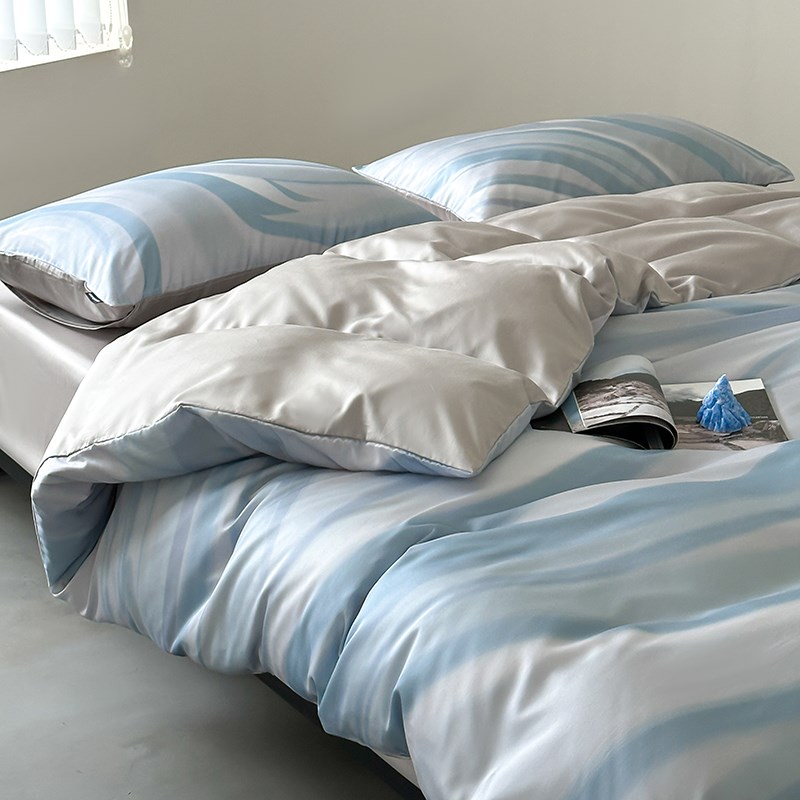 夏季渐变蓝北欧简约天丝床上四件套条G纹凉感裸睡丝滑被套高级床