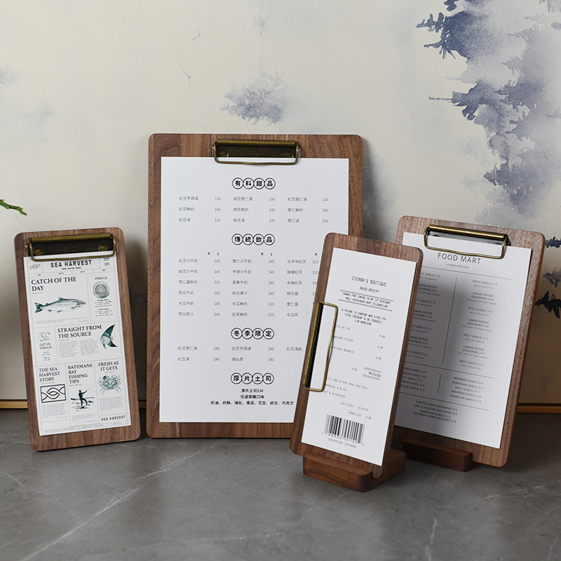 北美黑胡桃木青铜夹餐饮菜单夹本餐厅立式展示牌实木木Z板桌面定