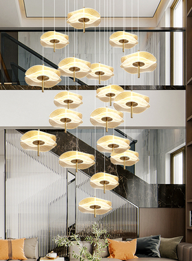 新中式别墅客厅吊灯复式楼大吊灯轻奢荷叶loftS公寓楼梯吊灯长吊