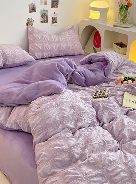 韩式紫色泡泡纱ab面单面珊瑚绒被套牛奶绒四P件套单人床单三件套4