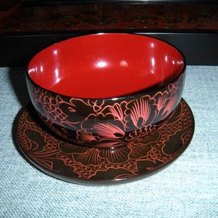 福州漆器*福州木胎漆器刻花碗与15cm碟