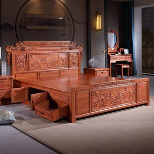 仿古古典花梨双人床1.8金红木床全实木床清m大床中式家具明雕花木