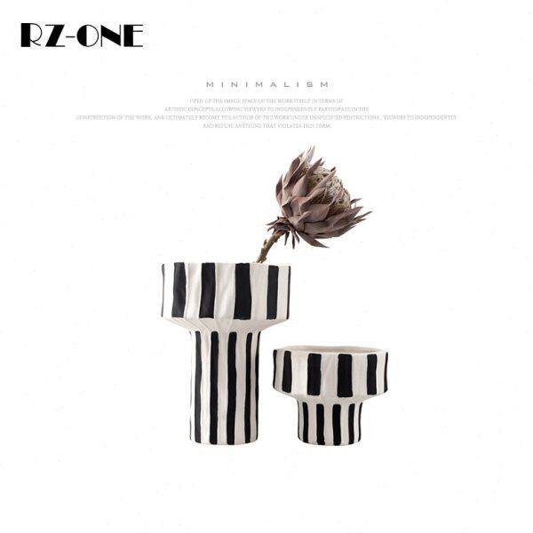 干花插花简约现代个性黑白家居装饰品客厅桌面摆件瓶条纹陶瓷花器