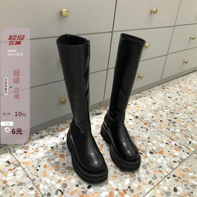 现韩国东大门女鞋21秋新款ins防滑F厚底增高小个子瘦瘦高筒靴黑靴