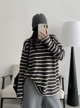 sun柚 海盐奥利奥绒绒澳绒加厚慵懒宽松显瘦打底衫长袖Z条纹t恤女