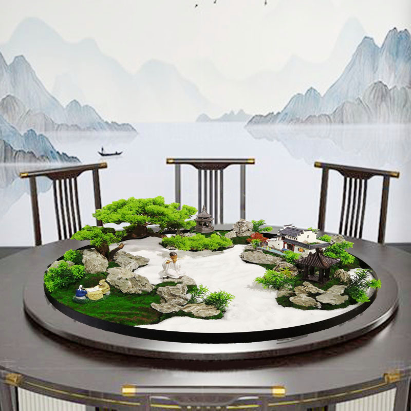 大圆餐桌中间转盘摆件盆景摆花微景观包间酒店餐厅台面中式花艺