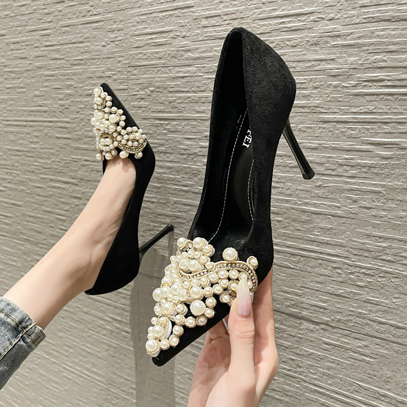 黑色高跟鞋女细跟设计感小众气质名媛珍珠女神范超高尖头单鞋浅口,女鞋,浅口单鞋,淘宝优惠券,粉丝福利购,淘宝优惠卷