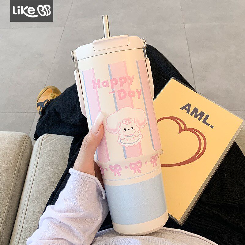 可爱大容量保温杯女生带吸管水杯女2024新款高R颜值学生不锈钢杯