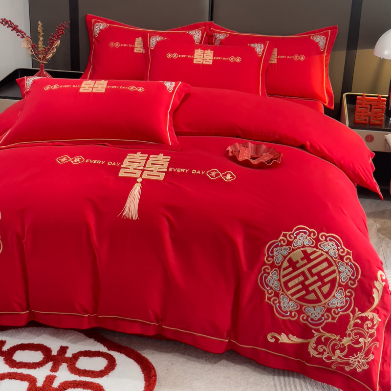 中式全棉喜字结婚四件套大红色婚礼被套婚庆床上用品婚房陪嫁