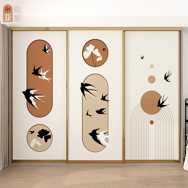 法式侘寂中式燕子衣柜子推拉玻璃移门翻新改造贴纸墙纸自粘装饰画