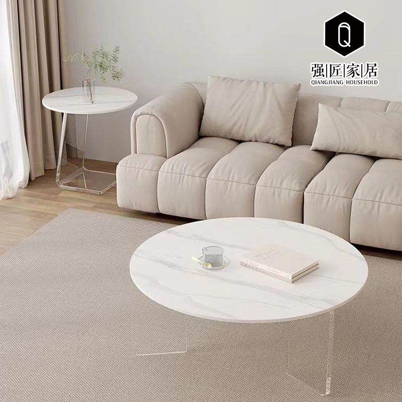 透明亚克力茶几悬浮圆形岩板桌子家用客厅奶油风侘寂风沙发边几