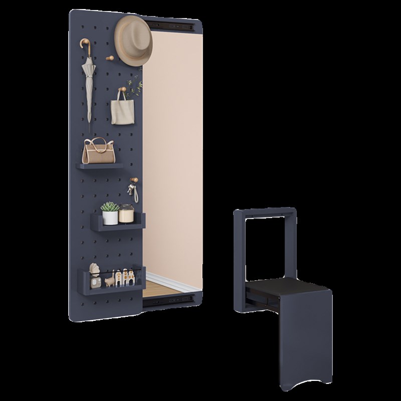 折叠隐形穿衣镜置物架带挂钩玄关试衣全身镜洞洞板换鞋凳贴墙推拉