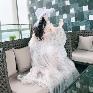 防晒衫仙女超仙薄款开衫波点w网纱灯笼袖空调衣超长款沙滩度假罩
