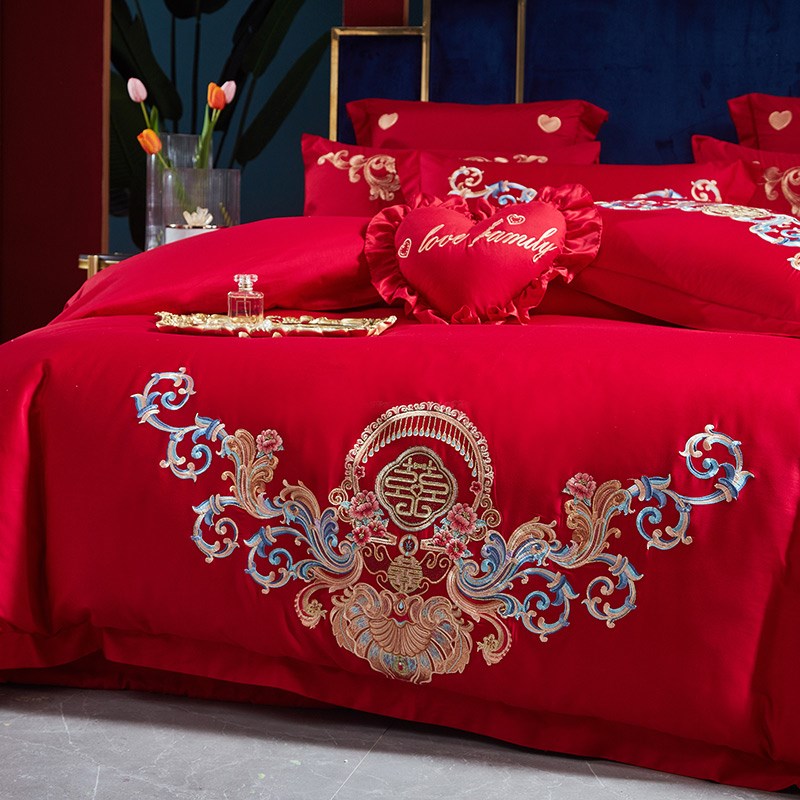 高档中式婚庆全棉四件套大红色刺绣被套纯棉结婚床上用品陪嫁婚房