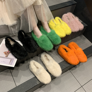 新款 百搭网红加绒加厚厚底保暖一Y脚蹬豆豆棉 女外穿秋冬季 毛毛鞋