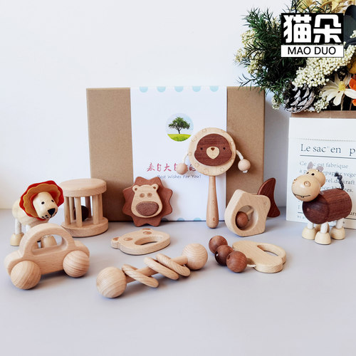 猫朵三个月宝g宝礼品木质拨浪鼓可啃咬婴幼儿玩具100天礼物3-6月