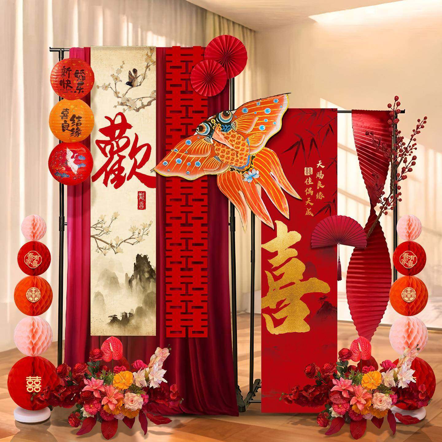 中式婚房套装纸新鸢幅F989SSM9支架件男条女房布置晨袍拍摄氛围摆,节庆用品/礼品,节庆布艺用品,淘宝优惠券,粉丝福利购,淘宝优惠卷