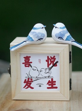 鹿妖商店 mini肥啾 木雕小鸟 礼物 灰蓝山雀 Q纯手工实木桌面摆件