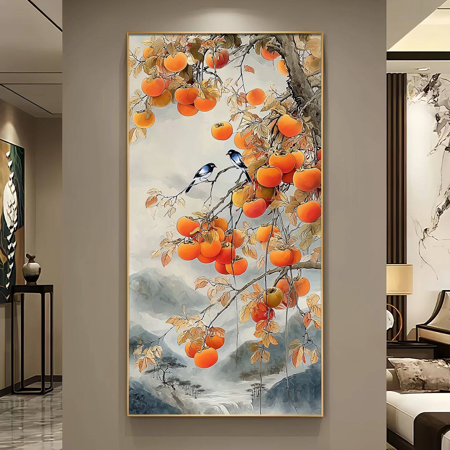柿柿如意玄关装饰画镶钻喜鹊新中式走廊过道油画好寓意挂画带灯