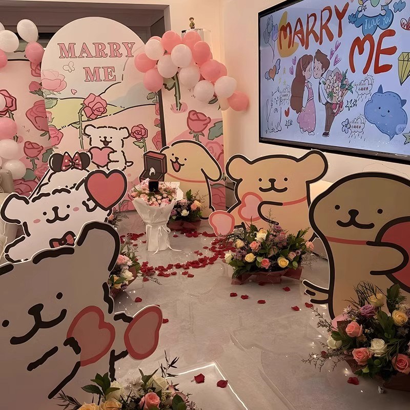 情人节线条小狗求婚室内布置高级感浪漫表白ktP仪式感不要气球全