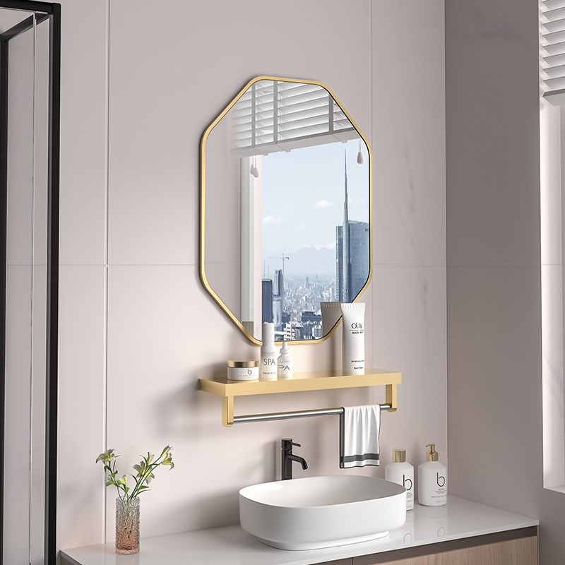 法式菱形浴室镜免打孔卫生间洗手台镜子带置物架挂墙式化妆镜梳妆