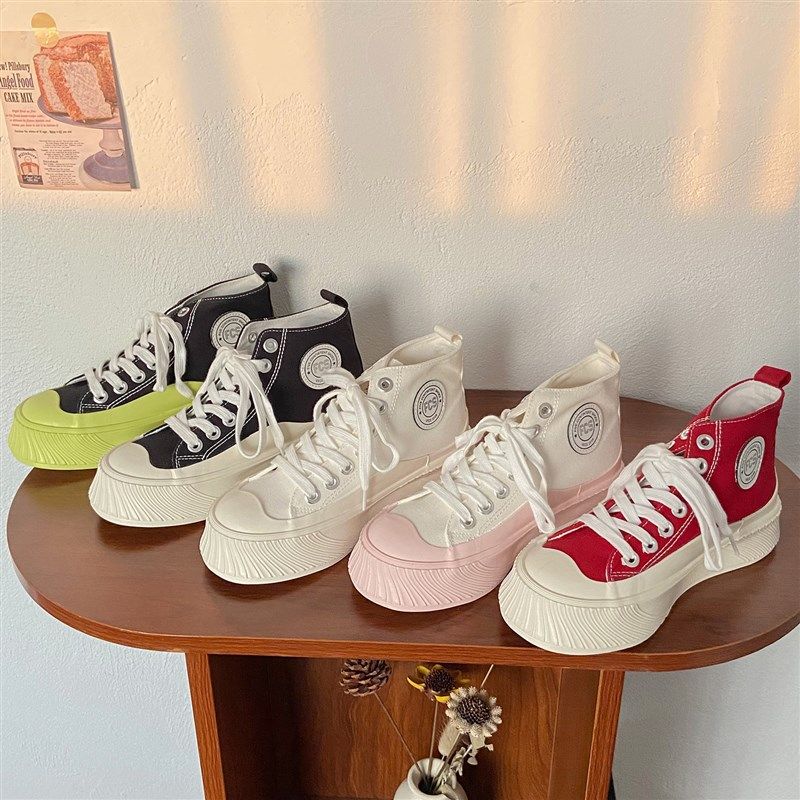 ins潮小众设计感厚底高帮帆布鞋女增高板鞋圆头百搭街拍小白鞋子,女鞋,帆布鞋,淘宝优惠券,粉丝福利购,淘宝优惠卷