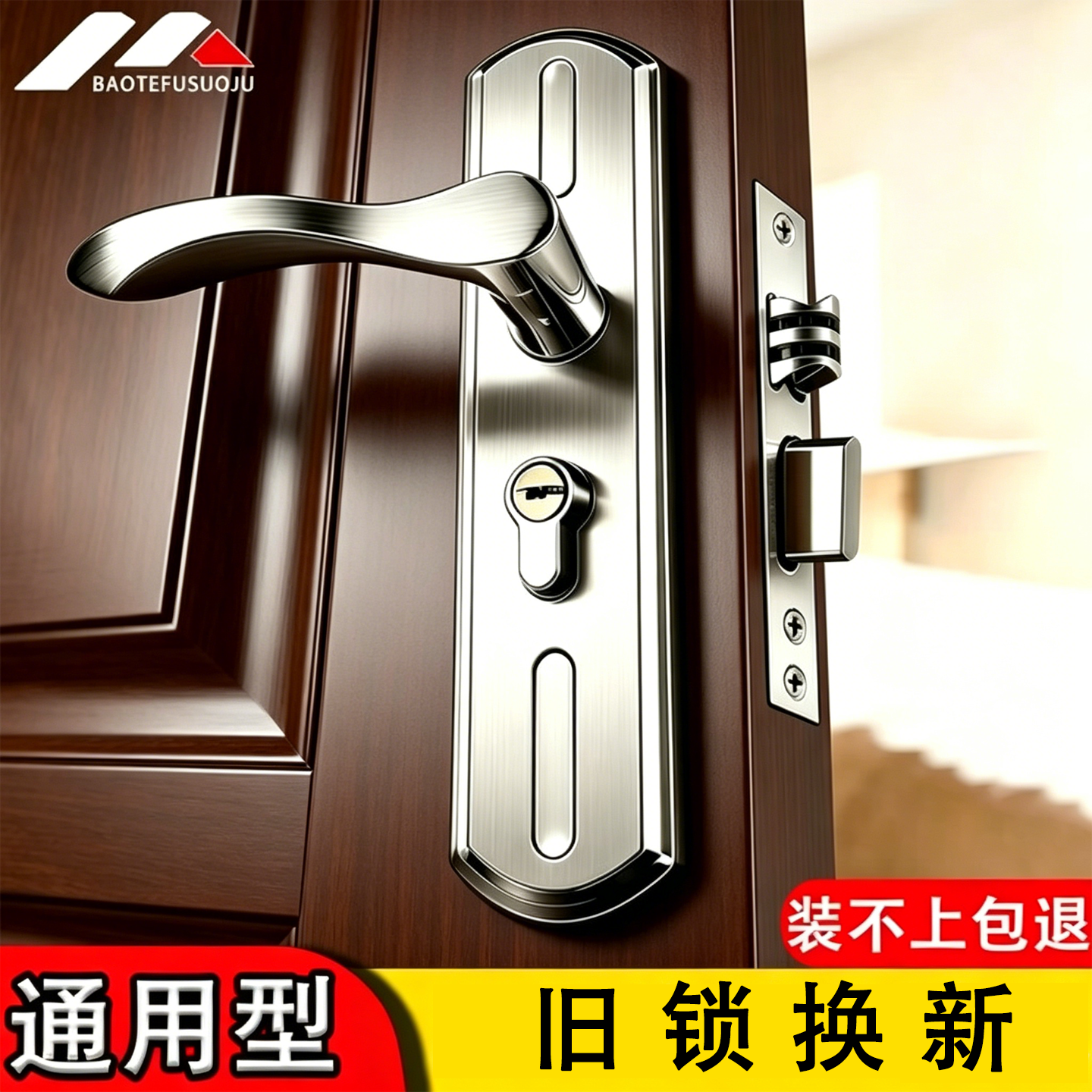 卧室门锁家用通用型老式房门锁室内木门锁不锈钢房间门锁全套把手