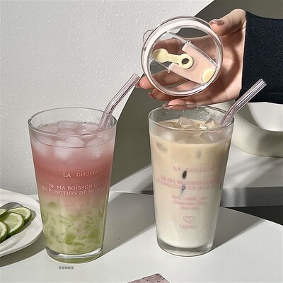 法式英文印花高颜值吸管水杯早餐杯子大容量咖啡杯玻璃杯带盖