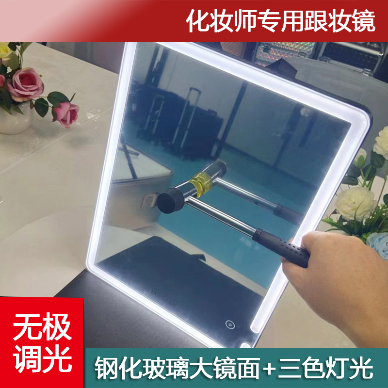 手提led化妆镜大号带灯补光台式充电钢化玻璃镜面化妆师跟妆镜子