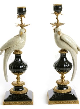 美式古典奢华装饰摆件欧式台灯时钟铜包陶瓷工艺套装客厅玄关摆设