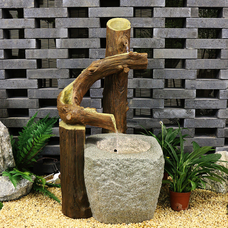 中式阳台花园布置 户外庭院流水鱼池装饰 假山石臼造景水景观摆件