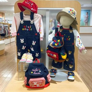 原标 新夏款miki 熊兔卡通刺绣春秋款牛仔背带长裤/七分裤