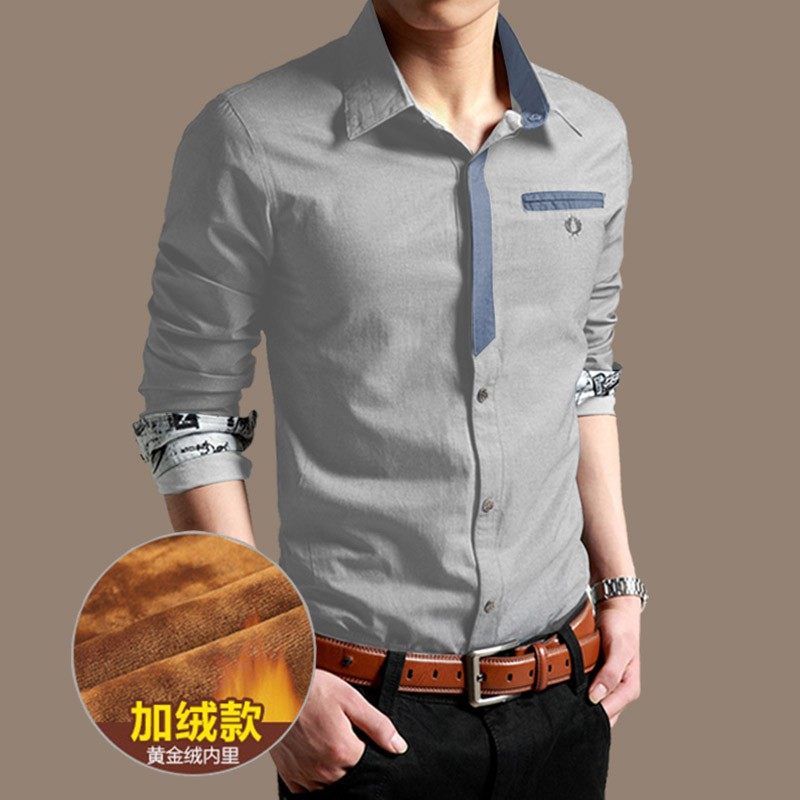 牛仔蓝衬衫男暗扣铁秋冬季加绒加厚保暖带毛潮流帅气青春活力衬衣