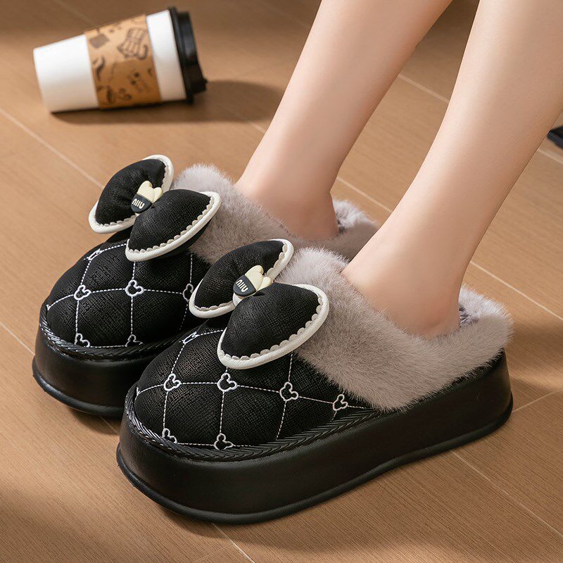 棉拖鞋女款厚底居家时尚公主风防水PU皮拖鞋冬季加绒保暖包跟外穿